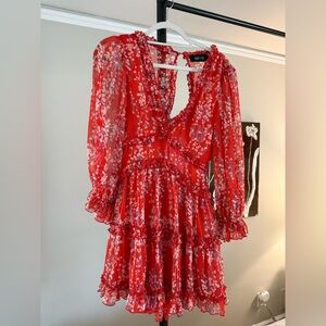 Fabrik Red Floral Long Sleeve Open Back Dress